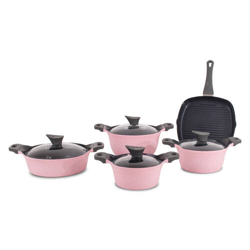 AKDENİZ - 9 Parça Bakalit Kulplu Cam Kapaklı İndüksiyon Tabanlı Döküm Set