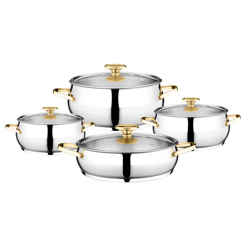 AKDENİZ - Merkür 8 Parça Altın Kulplu Cam Kapaklı Çelik Tencere Seti