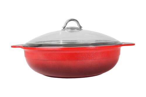 Onyx 32 cm Basık Kendinden Kulplu Cam Kapaklı Döküm Kırmızı Siyah Tencere - 1