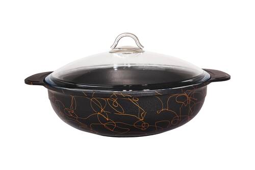Onyx 32 cm Basık Kendinden Kulplu Cam Kapaklı Döküm Desenli Siyah Tencere - 1