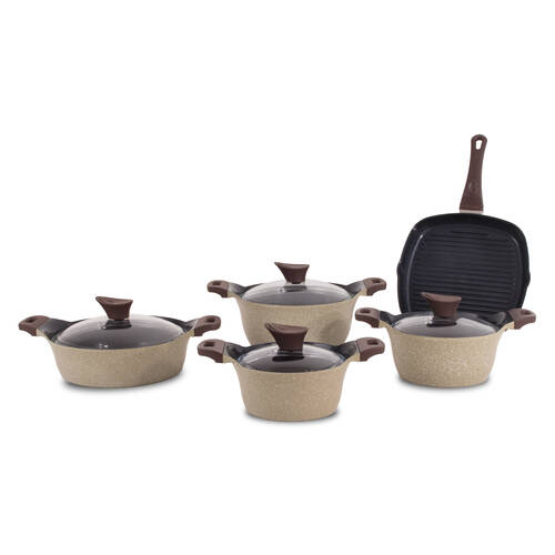 AKDENİZ - 9 Parça Bakalit Kulplu Cam Kapaklı İndüksiyon Tabanlı Döküm Set