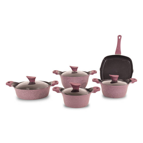 AKDENİZ - 9 Parça Bakalit Kulplu Cam Kapaklı İndüksiyon Tabanlı Döküm Set